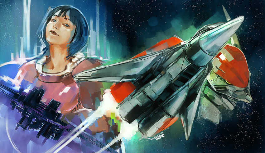 armor arrow_flash blue_eyes blue_hair bob_cut contrail daniel_oduber erx-75_luciphon female game_console lips looking_at_viewer mecha photoshop_(medium) pilot pilot_suit realistic robot science_fiction sega_mega_drive space spacecraft spacesuit star_(sky) starfighter starna_oval