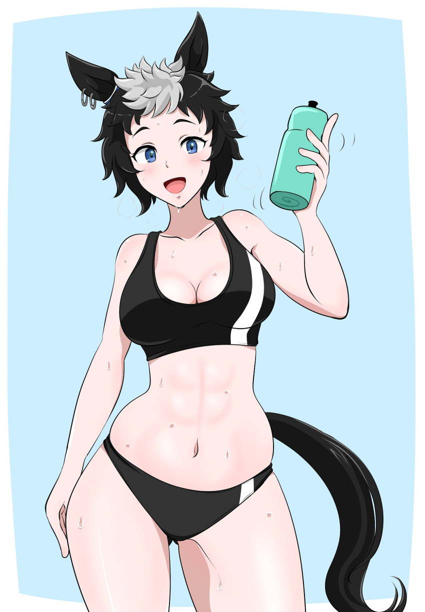 alternate_costume alternate_hair_color animal_ears ass_visible_through_thighs black_hair black_panties black_sports_bra blue_background blue_eyes border bottle breasts cleavage collarbone commentary_request contrapposto cowboy_shot ear_ornament ear_piercing female hair_between_eyes highres holding holding_bottle horse_ears horse_girl horse_tail looking_at_viewer medium_breasts mejiro_ryan_(umamusume) multicolored_hair navel open_mouth osage_gankyou outside_border panties piercing short_hair simple_background smile solo sports_bra stomach streaked_hair sweat tail umamusume underwear water_bottle white_border white_hair