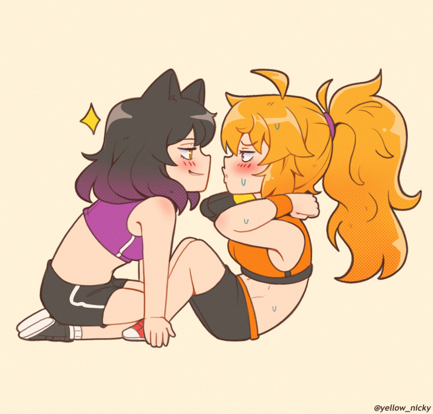 2girls ahoge animal_ears black_footwear black_hair black_shorts blake_belladonna blonde_hair blush breasts cat_ears chibi commentary english_commentary exercising eye_contact from_side large_breasts long_hair looking_at_another medium_hair multiple_girls orange_eyes orange_sports_bra parted_lips ponytail purple_hair purple_sports_bra pursed_lips red_eyes rwby shorts simple_background sit-up smile sparkle sports_bra sweat toned_female twitter_username yang_xiao_long yellow_background yellow_nicky yuri