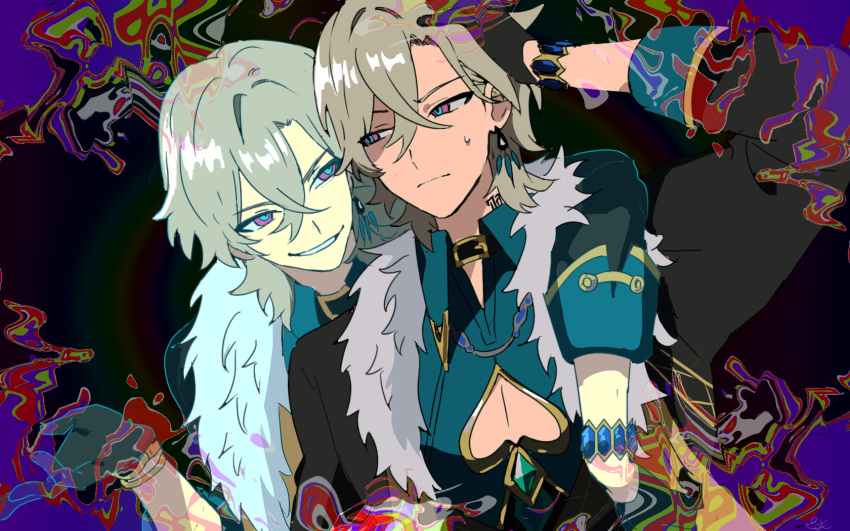 2boys arm_around_shoulder aventurine_(honkai:_star_rail) black_background black_coat black_gloves blonde_hair blue_eyes bracelet cleavage_cutout clone clothing_cutout coat commentary_request crossed_bangs frown fur-trimmed_coat fur_trim gloves green_shirt grin hand_on_own_head highres honkai:_star_rail honkai_(series) jewelry looking_at_another magic male_focus multiple_boys pectoral_cleavage pectorals pink_eyes pirohi_(pirohi214) shirt simple_background smile two-tone_eyes