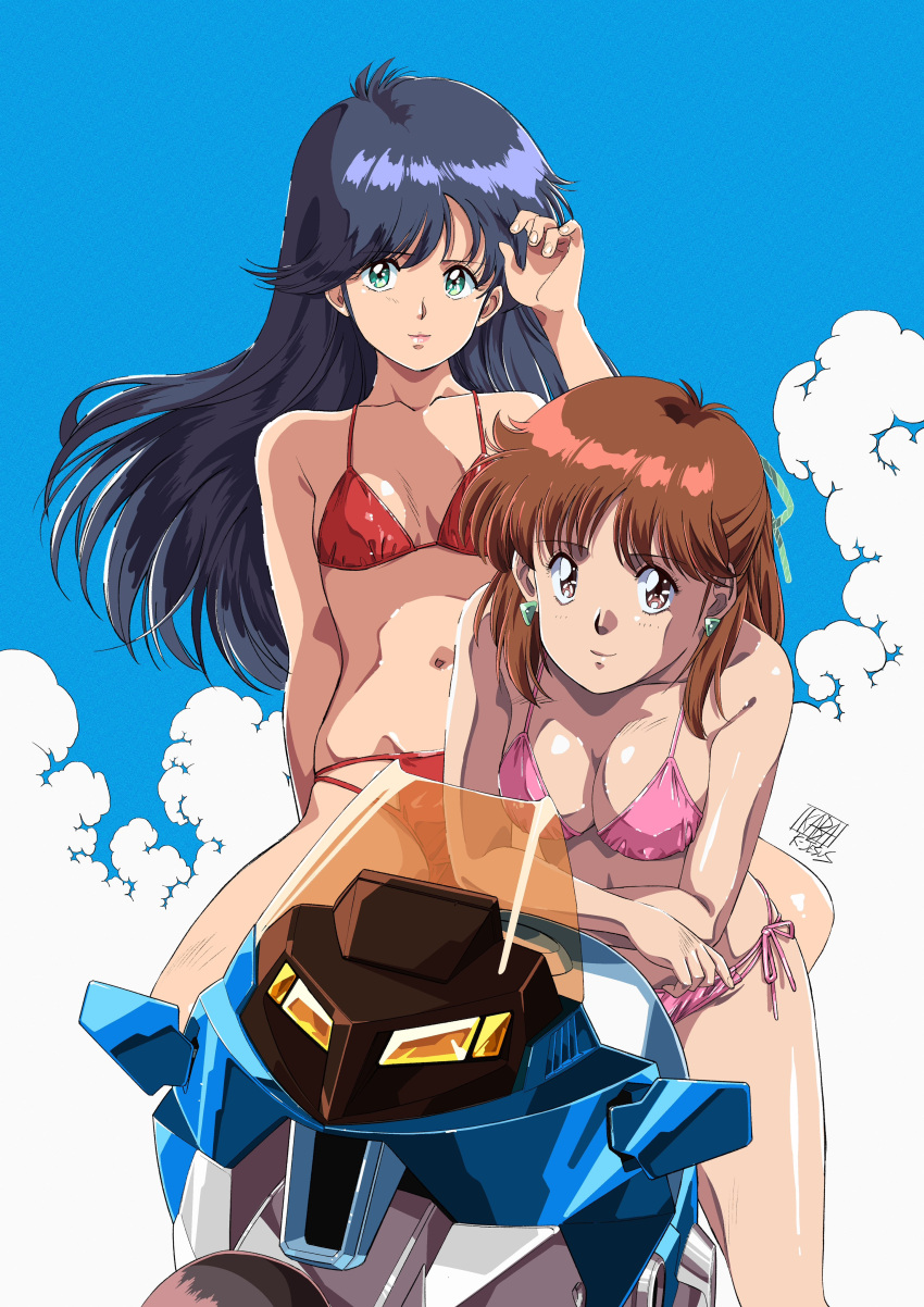 1980s_(style) 2girls absurdres anice_farm ayukawa_madoka bikini black_hair breasts brown_eyes brown_hair chouon_senshi_borgman cleavage comiket_102 cover cover_page crossover doujin_cover green_eyes highres kabashima_yousuke kimagure_orange_road long_hair looking_at_viewer motor_vehicle motorcycle multiple_girls pink_bikini red_bikini retro_artstyle smile swimsuit