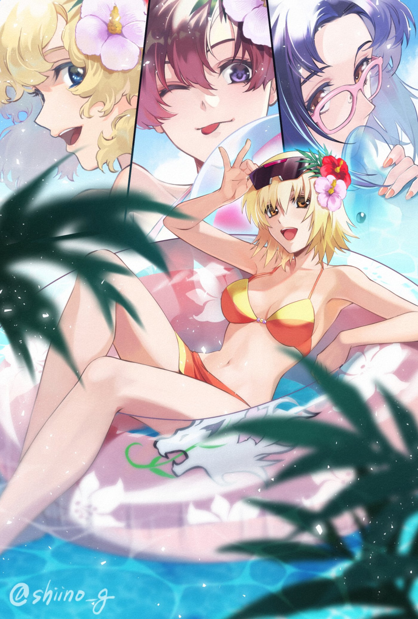 4girls 7sino asagi_caldwell bikini blonde_hair blue_eyes blue_hair breasts cagalli_yula_athha flower glasses gundam gundam_seed hair_flower hair_ornament highres juri_wu_nien mayura_labatt multiple_girls red_hair short_hair smile swim_ring swimsuit two-tone_bikini water yellow_eyes