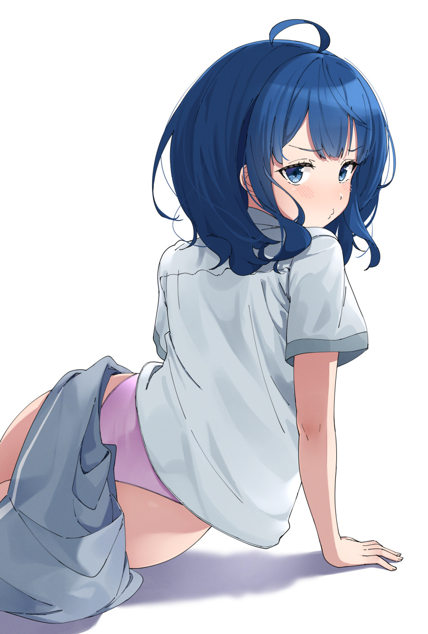 absurdres arm_support ass blue_eyes blue_hair blush clothes_pull commentary_request eru_(l_illust45) female from_behind grey_skirt highres looking_at_viewer looking_back make_heroine_ga_oo_sugiru! medium_hair panties pink_panties puckered_lips shirt short_sleeves simple_background sitting skirt skirt_pull solo underwear white_background white_shirt yanami_anna