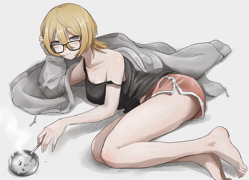 aki_(tabao) ashtray bare_legs barefoot black-framed_eyewear black_tank_top blonde_hair blue_eyes breasts cigarette cleavage collarbone dolphin_shorts double-parted_bangs female glasses grey_hoodie hair_between_eyes highres holding holding_cigarette hood hoodie lying medium_breasts off_shoulder on_side original pink_shorts self-harm self-harm_scar shirt_slip short_hair shorts simple_background smile smoking solo squinting tabao tank_top tobacco toes white_background zipper_pull_tab