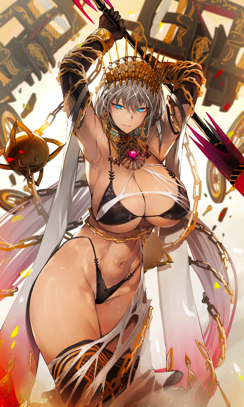 abs absurdres armpits arms_up ballista bare_shoulders bikini black_bikini black_gloves black_thighhighs blue_eyes breasts chains cleavage collar crown cuffs curvy dark-skinned_female dark_skin earrings elbow_gloves fate/grand_order fate_(series) female gloves gold_chain grey_hair highleg highleg_bikini highleg_panties highres huge_breasts jewelry large_breasts long_hair looking_at_viewer multicolored_hair navel neck_ring nishiide_kengorou panties pink_hair polearm shackles solo spear swimsuit tan thick_thighs thighhighs thighs underwear very_long_hair weapon zenobia_(fate)