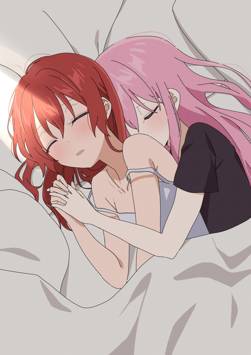 2girls absurdres bare_arms black_shirt blush bocchi_the_rock! camisole closed_eyes commentary_request cuddling gotoh_hitori grey_camisole highres holding_hands interlocked_fingers kita_ikuyo long_hair messy_hair multiple_girls notihodo on_bed parted_lips pink_hair red_hair shirt short_sleeves sleeping strap_slip under_covers upper_body yuri