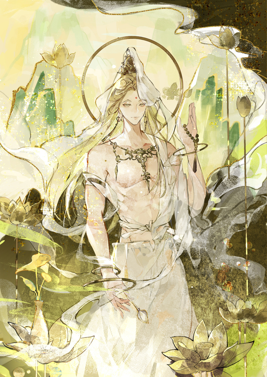 1boy abhaya_mudra bare_pectorals bead_bracelet beads blonde_hair bracelet buddhism closed_mouth colored_eyelashes cowboy_shot earrings facial_mark flower forehead_mark gold_necklace guanyin_pusa_(xiyou_bi_hui_xixing) hagoromo hair_bun half_updo halo halo_behind_head highres holding holding_flower jewelry light_particles light_smile long_earlobes long_hair lotus lotus_leaf male_focus mountain necklace parted_bangs pectorals robe shawl single_hair_bun solo standing tang_qi_zang toned toned_male vase white_robe white_veil xiyou_bi_hui_xixing yellow_eyes