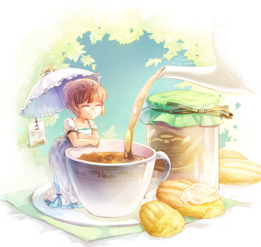 ^_^ brown_hair closed_eyes commentary_request cup dress el_(mushboom) female hair_bun highres mini_person minigirl original parasol photoshop_(medium) pouring puffy_short_sleeves puffy_sleeves short_sleeves single_hair_bun smile solo tea teacup teapot umbrella