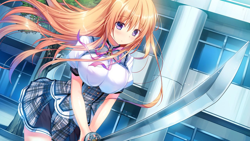 breasts female female game_cg highres kino_(kino_konomi) kino_konomi konomi_(kino_konomi) large_breasts long_hair orange_hair purple_eyes school_uniform serious shinonome_setsuna shirogane_x_spirits skirt solo standing sword weapon