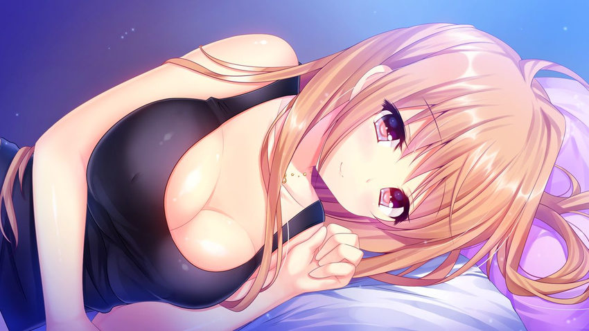 bed blue_eyes blush breasts cleavage female female game_cg highres kino_(kino_konomi) kino_konomi konomi_(kino_konomi) large_breasts long_hair looking_at_viewer lying on_side orange_hair pillow shinonome_setsuna shirogane_x_spirits simple_background smile solo