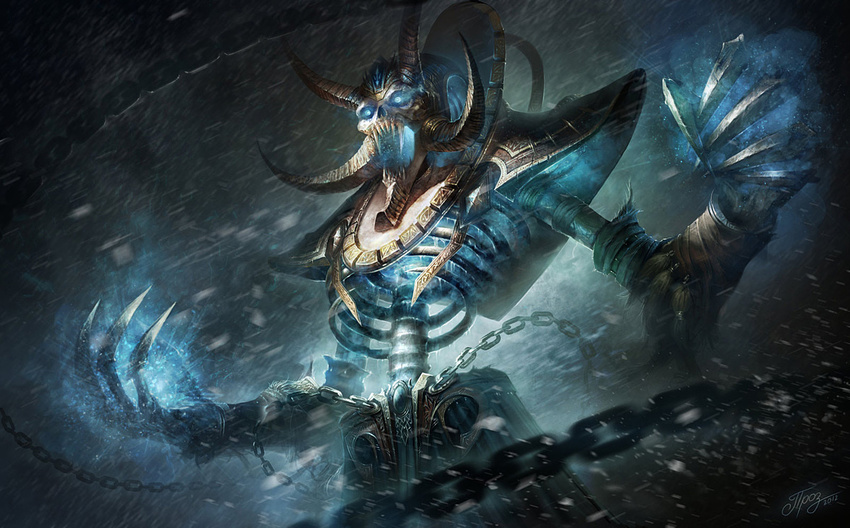 blue_eyes bone chains horns kel'thuzad lich no_humans snow warcraft world_of_warcraft