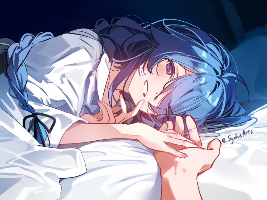 1other artist_name bed bedroom blue_eyes blue_hair braid commentary english_commentary female hair_over_one_eye hair_ribbon half-closed_eyes hand_up heart heart-shaped_pupils holding_hands indoors long_hair looking_at_viewer lying mushoku_tensei on_bed pajamas parted_lips pov purple_eyes ribbon roxy_migurdia smile sydus symbol-shaped_pupils twin_braids twitter_username under_covers upper_body very_long_hair white_pajamas