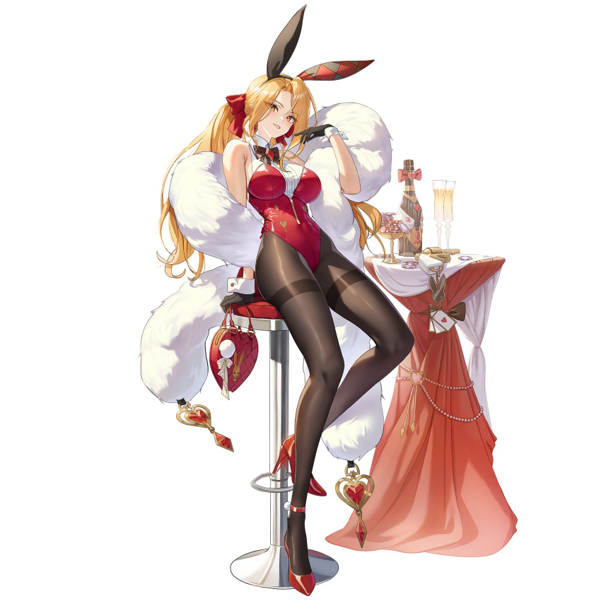 animal_ears armpit_crease artist_request bag bare_shoulders black_hairband black_survival blonde_hair bottle bow bowtie brown_pantyhose champagne_flute cup drinking_glass eternal_return:_black_survival fake_animal_ears feather_boa female full_body gloves grin hairband hairbow hand_up handbag heart-shaped_bag high_heels highleg highleg_leotard highres jenny_sinclair jenny_sinclair_(queen_of_hearts) leotard long_hair looking_at_viewer non-web_source official_alternate_costume official_art pantyhose parted_bangs playboy_bunny poker_chip rabbit_ears red_footwear red_leotard shirt side-tie_leotard sitting sleeveless sleeveless_shirt smile solo stool strapless strapless_leotard tachi-e thighband_pantyhose transparent_background twintails undershirt white_gloves white_shirt wing_collar wrist_cuffs yellow_eyes zipper