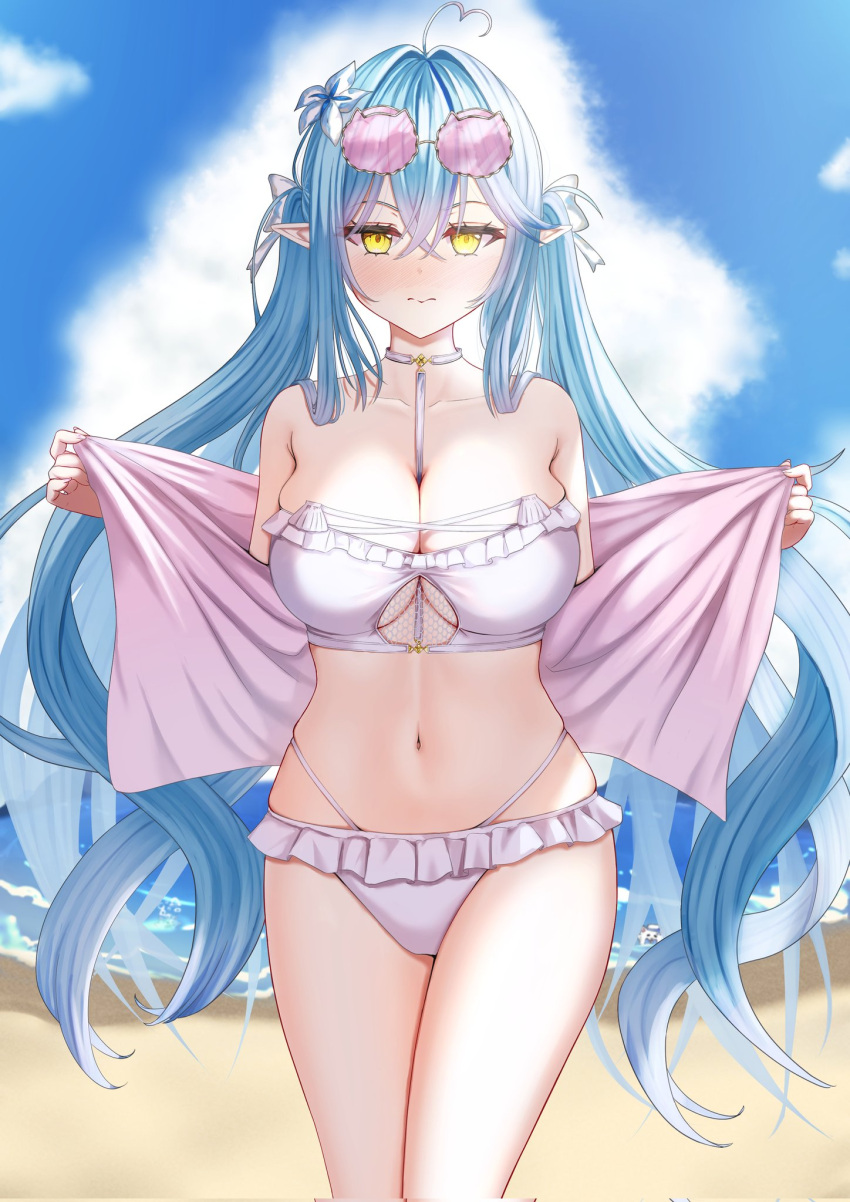 ahoge beach between_breasts bikini blue_hair blue_sky blush bow breasts cat_eye-framed_eyewear choker cloud colored_tips crossed_bangs day dqeight8811470 elf eyewear_on_head female fishnets flower frilled_bikini frills hair_between_eyes hair_flower hair_intakes hair_ornament hairbow halterneck heart heart_ahoge highres hololive large_breasts long_hair looking_at_viewer multi-strapped_bikini_bottom multi-strapped_bikini_top multicolored_hair navel nose_blush ocean outdoors pointy_ears scowl see-through skindentation sky solo stomach streaked_hair sunglasses swimsuit twintails underboob very_long_hair virtual_youtuber water white_bikini white_bow white_choker yellow_eyes yukihana_lamy