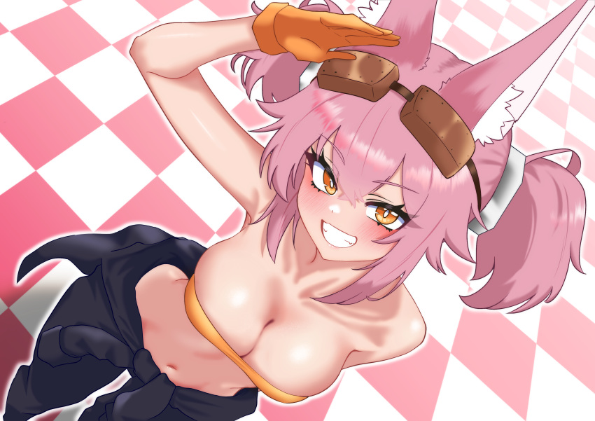 absurdres animal_ears bare_shoulders blue_pants blush breasts cleavage clothes_around_waist duel_monster eyewear_on_head female fox_ears gloves hair_between_eyes hair_ornament highres kitt_(yu-gi-oh!) large_breasts looking_at_viewer navel oldsickkim orange_gloves orange_tank_top pants pink_hair salute shirt shirt_around_waist smile solo tank_top teeth tri-brigade_kitt twintails yellow_eyes yu-gi-oh!