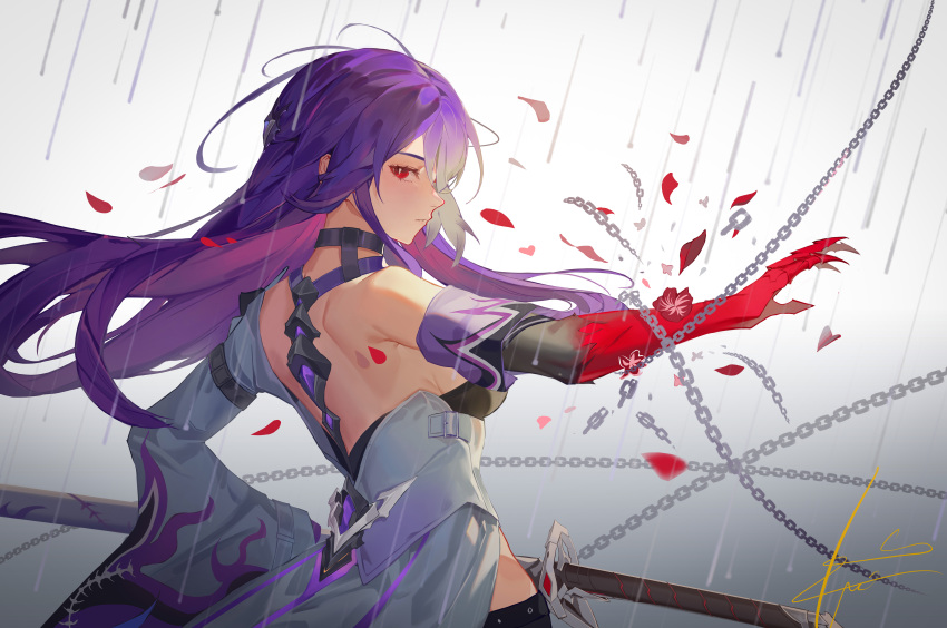 absurdres acheron_(honkai:_star_rail) backless_coat backless_outfit bare_back black_choker chains choker coat commentary female highres honkai:_star_rail honkai_(series) katana long_hair midriff obsession petals purple_hair rain red_eyes scabbard sheath sheathed solo sword upper_body weapon white_coat