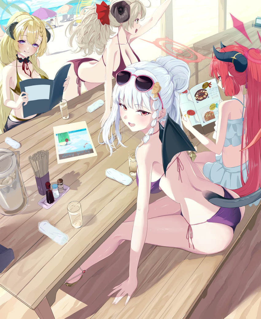 6+girls akari_(blue_archive) alternate_costume beach beach_umbrella bikini blue_archive blush cup demon_girl demon_horns demon_tail demon_wings drinking_glass eyewear_on_head folded_napkin gold_bikini gourmet_research_society_(blue_archive) haruna_(blue_archive) highres horns ice ice_cube izumi_(blue_archive) junko_(blue_archive) la_la_la_rarmin looking_at_viewer menu multiple_girls pepper_shaker pitcher_(container) purple_bikini salt_shaker soy_sauce soy_sauce_bottle sunglasses swimsuit table tail tongue tongue_out translation_request umbrella water wings