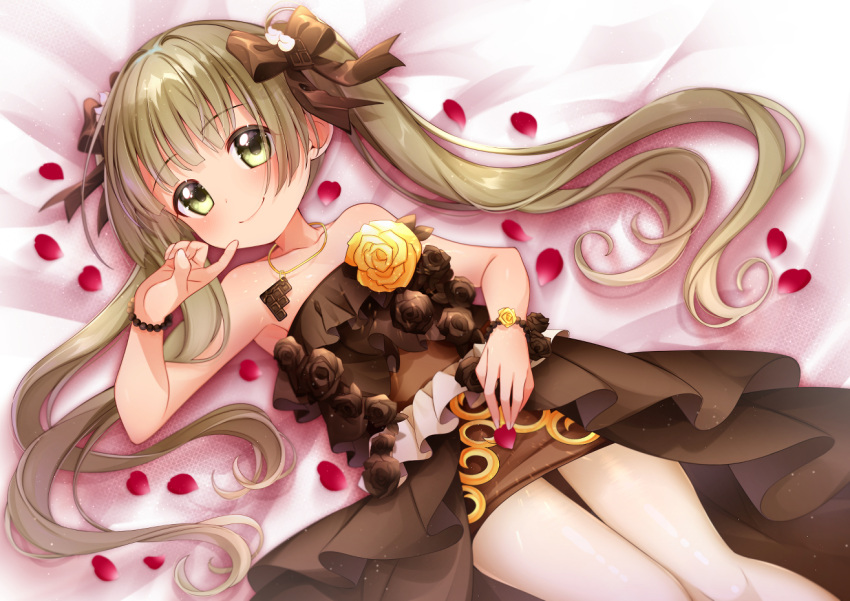 31reyo bad_id bad_pixiv_id bead_bracelet beads bed_sheet blush bracelet brown_dress brown_eyes brown_flower brown_ribbon brown_rose closed_mouth collarbone dress dress_flower female finger_to_mouth flower frilled_dress frills hair_ribbon hand_up high-low_skirt high-waist_dress holding holding_petal idolmaster idolmaster_cinderella_girls jewelry light_brown_hair lips long_hair looking_at_viewer lying necklace on_back petals ribbon rose short_dress smile solo strapless strapless_dress twintails yellow_flower yellow_rose yokoyama_chika