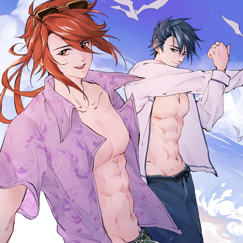 2boys aaron_wei abs bird blue_eyes blue_hair blue_shorts blue_sky closed_mouth collared_shirt commentary_request cross-body_stretch eiyuu_densetsu eyewear_on_head fishtail175200 highres kuro_no_kiseki_(series) kuro_no_kiseki_i long_hair low_ponytail male_focus multiple_boys open_clothes open_shirt pectorals pink_shirt print_shirt red_hair seagull shirt short_hair shorts sky smile sunglasses van_arkride yellow-framed_eyewear yellow_eyes