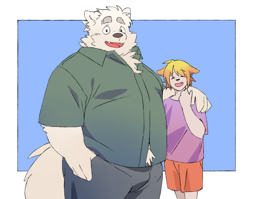 2024 4:3 anthro black_nose bottomwear canid canine canis closed_eyes clothing cute_fangs domestic_dog duo hi_res hug inunoshippo kemono male mammal open_mouth overweight overweight_male shirt shorts simple_background smile topwear