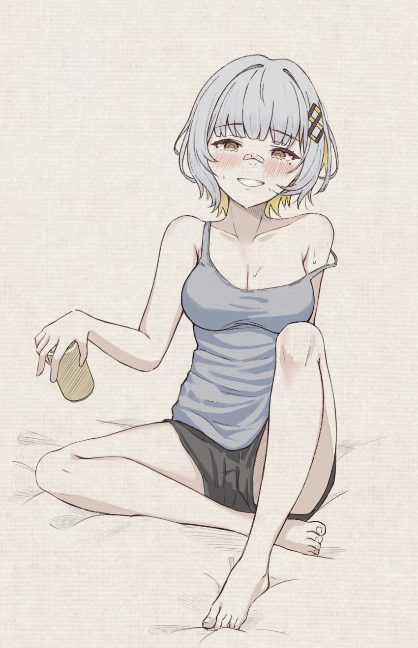 :d absurdres arm_at_side bandaid bandaid_on_face bandaid_on_nose beer_can black_shorts blonde_hair blunt_bangs blush breasts can cleavage collarbone colored_inner_hair drink_can female full_body grey_hair grey_tank_top grin hachi_(live_union) head_tilt highres holding holding_can knee_up large_breasts live_union looking_at_viewer mole mole_under_eye multicolored_hair open_mouth short_hair short_shorts shorts sidelocks simple_background sitting smile solo strap_slip tank_top treetree_5200 virtual_youtuber white_background yellow_eyes