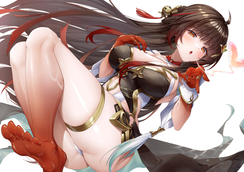 animal armpits bare_legs bare_shoulders barefoot blowing_kiss blush breasts brown_hair cleavage colored_skin commentary_request detached_sleeves dress female gold_thighlet gold_trim gradient_skin hair_intakes highres honkai:_star_rail honkai_(series) jewelry knees_up lingsha_(honkai:_star_rail) long_hair looking_at_viewer multiple_rings open_mouth pointy_ears red_eyes red_skin ring simple_background soles solo tassel thick_thighs thighs toes white_background xfate