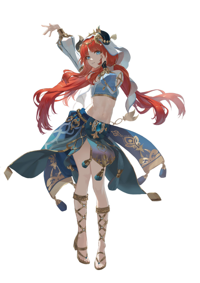 arm_up blue_eyes blue_gemstone blue_skirt blue_veil bracer breasts circlet crop_top dancer fake_horns female floating_hair full_body gem genshin_impact gladiator_sandals gold_footwear gold_trim hand_on_own_face harem_outfit highres horns jewelry long_sleeves looking_at_viewer low_twintails medium_breasts midriff navel neck_ring nilou_(genshin_impact) parted_bangs parted_lips puffy_long_sleeves puffy_sleeves red_hair rikkusu sandals sidelocks simple_background skirt solo stomach tassel toenails toes twintails veil white_background white_headdress white_veil