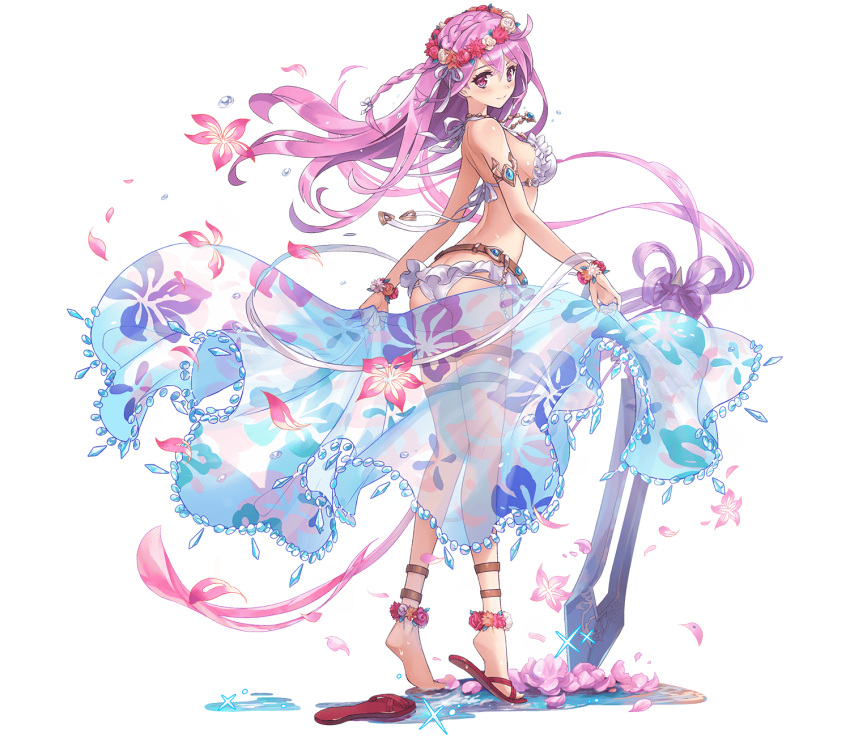 anklet ass belt bikini body_jewelry bracelet company_name da-kuro female flower flower_anklet flower_bracelet flower_ring full_body head_wreath highres jewelry long_hair no_shoes no_socks official_alternate_costume official_art petals phantom_of_the_kill pink_eyes pink_flower pink_hair print_sarong red_footwear sandals sarong see-through see-through_sarong simple_background solo swimsuit sword thigh_strap transparent_background tyrfing_(phantom_of_the_kill) unworn_sandals unworn_sarong weapon white_background white_bikini