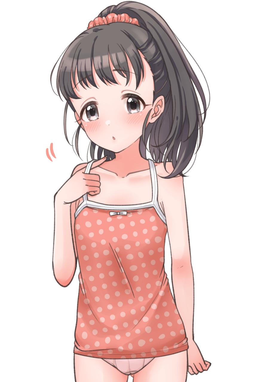 :o absurdres black_eyes black_hair blush camisole collarbone commentary_request cowboy_shot female fukuyama_mai hair_ornament hair_scrunchie hand_up highres holding_strap idolmaster idolmaster_cinderella_girls light_blush looking_at_viewer mariabowl medium_hair no_pants orange_camisole orange_scrunchie paid_reward_available panties pink_panties polka_dot polka_dot_camisole polka_dot_scrunchie ponytail scrunchie simple_background solo standing underwear underwear_only white_background