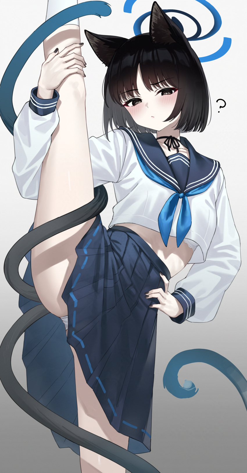 ? absurdres animal_ears black_eyes black_hair black_nails blue_archive blue_halo blue_neckerchief blue_sailor_collar blue_skirt blush bra bra_peek cat_ears cat_girl cat_tail commentary_request cropped_shirt female fingernails gradient_background halo hand_on_own_hip highres kikyou_(blue_archive) long_sleeves looking_at_viewer midriff_peek multiple_tails nail_polish neckerchief nekomata open_mouth panties pantyshot pizza_(pizzania_company) sailor_collar shirt short_hair simple_background skirt solo split standing standing_on_one_leg standing_split tail two_tails underwear white_bra white_panties white_shirt