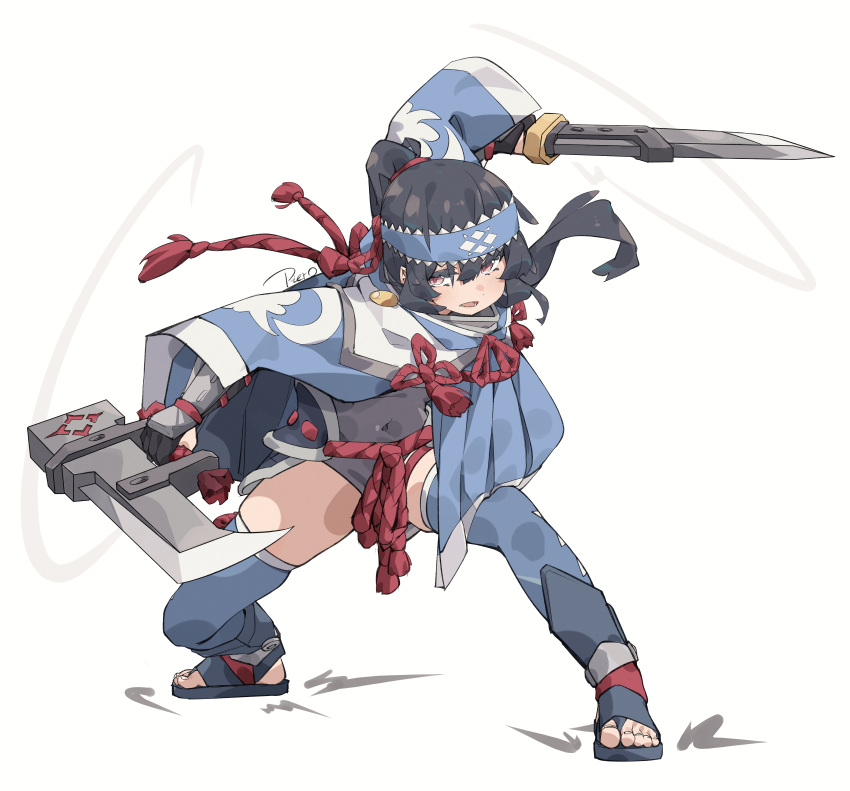 absurdres armor black_hair dual_wielding female gloves headband highres holding japanese_clothes kamura_(armor) leotard long_hair monster_hunter_(character) monster_hunter_(series) monster_hunter_rise open_mouth piero_(sggp2345) simple_background solo thighhighs weapon