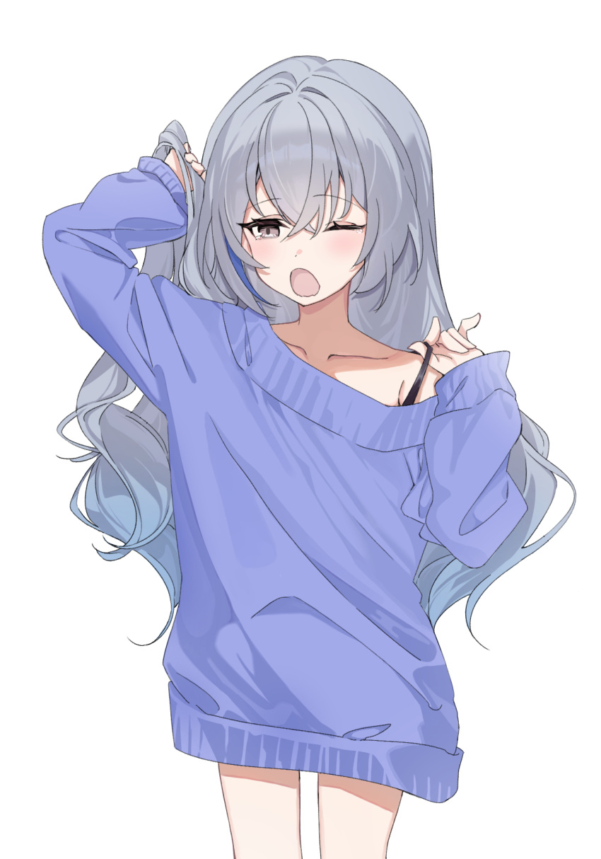 ;o blue_sweater bra_strap collarbone commentary comorebi cowboy_shot female grey_eyes grey_hair hair_down highres honkai:_star_rail honkai_(series) long_hair long_sleeves one_eye_closed open_mouth silver_wolf_(honkai:_star_rail) simple_background single_bare_shoulder solo standing sweater very_long_hair white_background