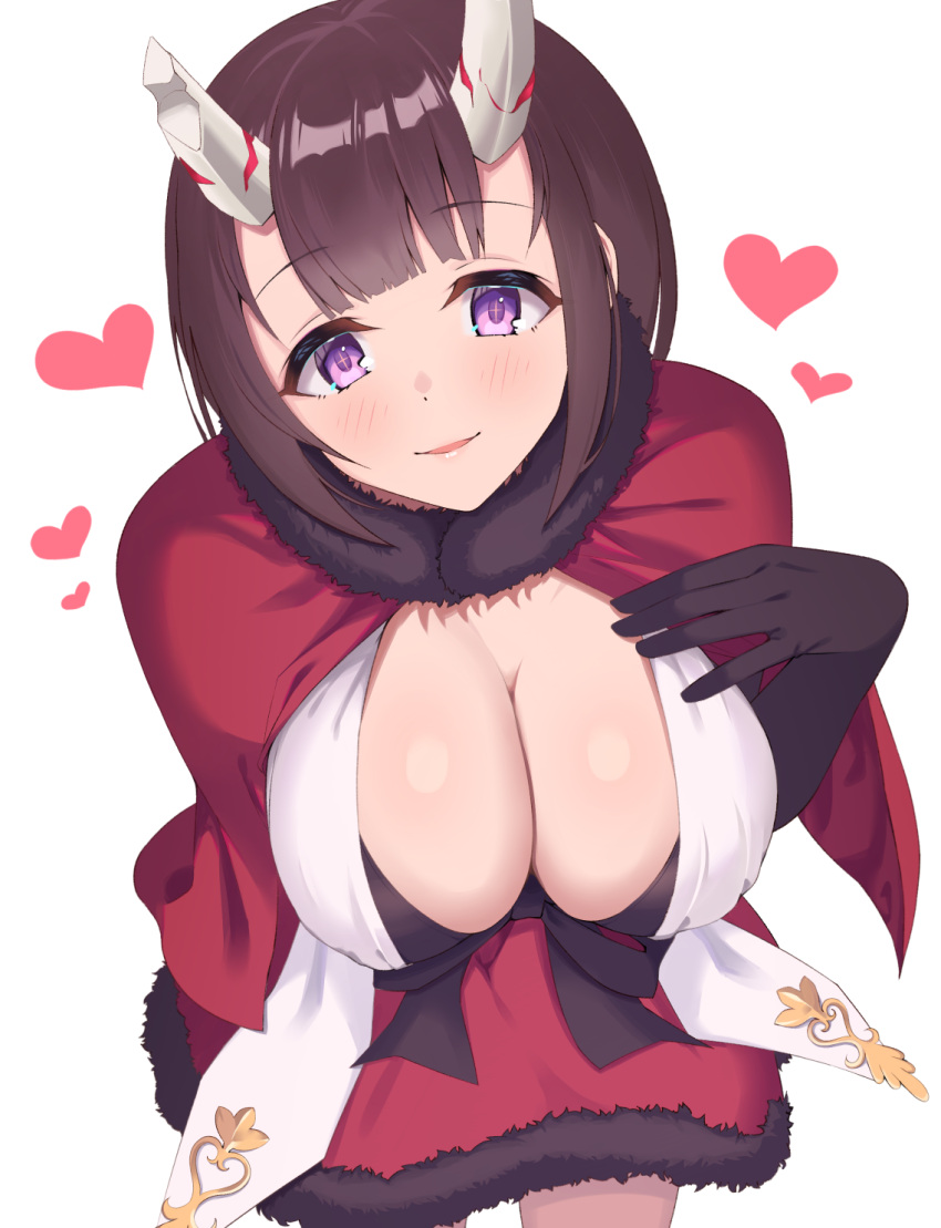 breasts broken_horn brown_hair cape capelet chikuma_nao cleavage demon_girl demon_horns dress eriko_(princess_connect!) female fur-trimmed_capelet fur-trimmed_dress fur_trim heart highres horns huge_breasts leaning_forward princess_connect! purple_eyes red_cape red_capelet red_dress simple_background solo white_background