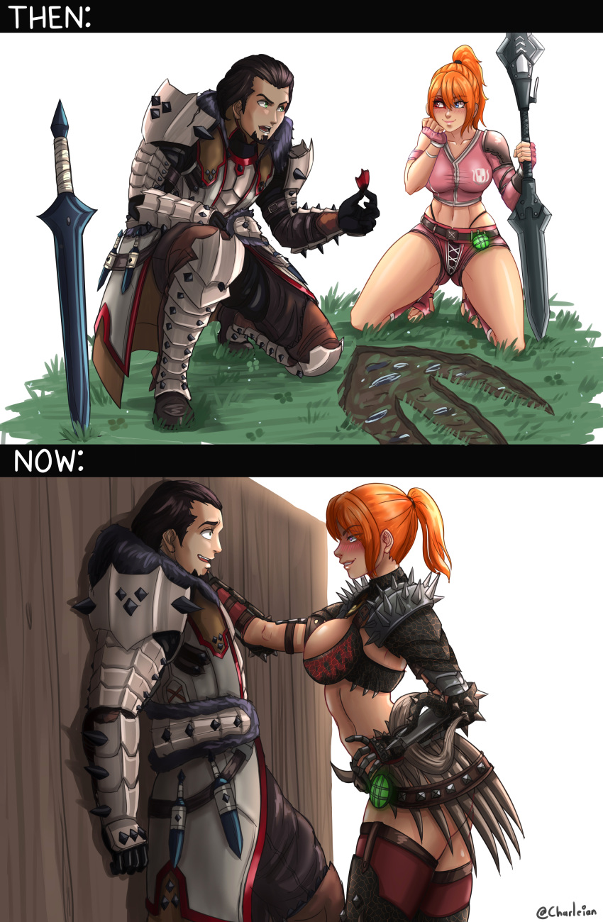 absurdres against_wall armor armored_boots assertive_female blush boots breastplate breasts charleian cleavage eye_contact footprints grass greaves hand_on_wall heterochromia highres holding holding_weapon kabedon looking_at_another monster_hunter_(series) orange_hair pauldrons ponytail short_shorts shorts shoulder_armor spiked_pauldrons sword teaching weapon