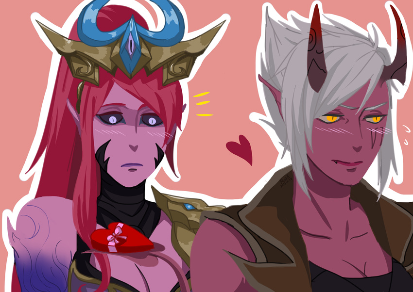 2girls absurdres alternate_costume black_sclera blush breasts caitlyn_(league_of_legends) cleavage colored_sclera colored_skin commentary demon_girl demon_horns demon_tail demon_vi highres horns large_breasts league_of_legends long_hair lunar_wraith_caitlyn multiple_girls pink_hair pink_skin rouza_vii short_hair tail valentine vi_(league_of_legends)