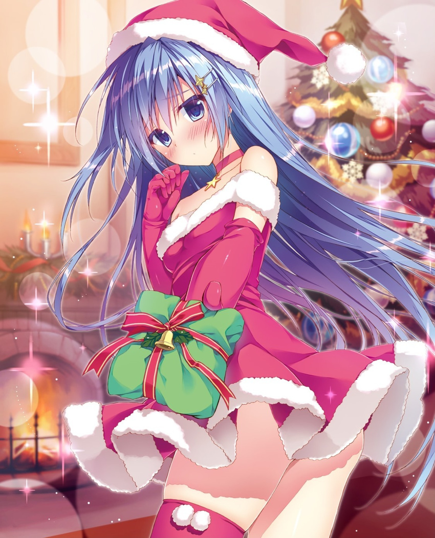 ange_vierge bell blue_eyes blue_hair blush chimney christmas_ornaments christmas_tree collar collarbone dress elbow_gloves female fire fur_trim gift gloves hair_ornament hairclip hat highres holding indoors long_hair looking_at_viewer red_dress ryouka_(suzuya) santa_costume santa_hat short_dress solo sougetsu_saya sparkle thighhighs zettai_ryouiki