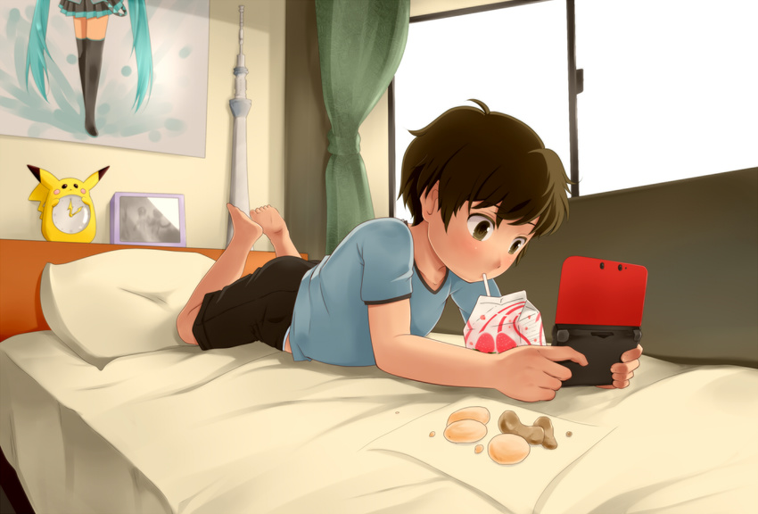 1boy barefoot bed blush brown_eyes brown_hair clock cookie demando555 drinking food hatsune_miku indoors lolicon lying male male_focus nintendo_3ds nintendo_ds on_stomach photo_(object) picture pikachu pillow playing_games pokemon shirt short_hair shorts solo t-shirt toes vocaloid window