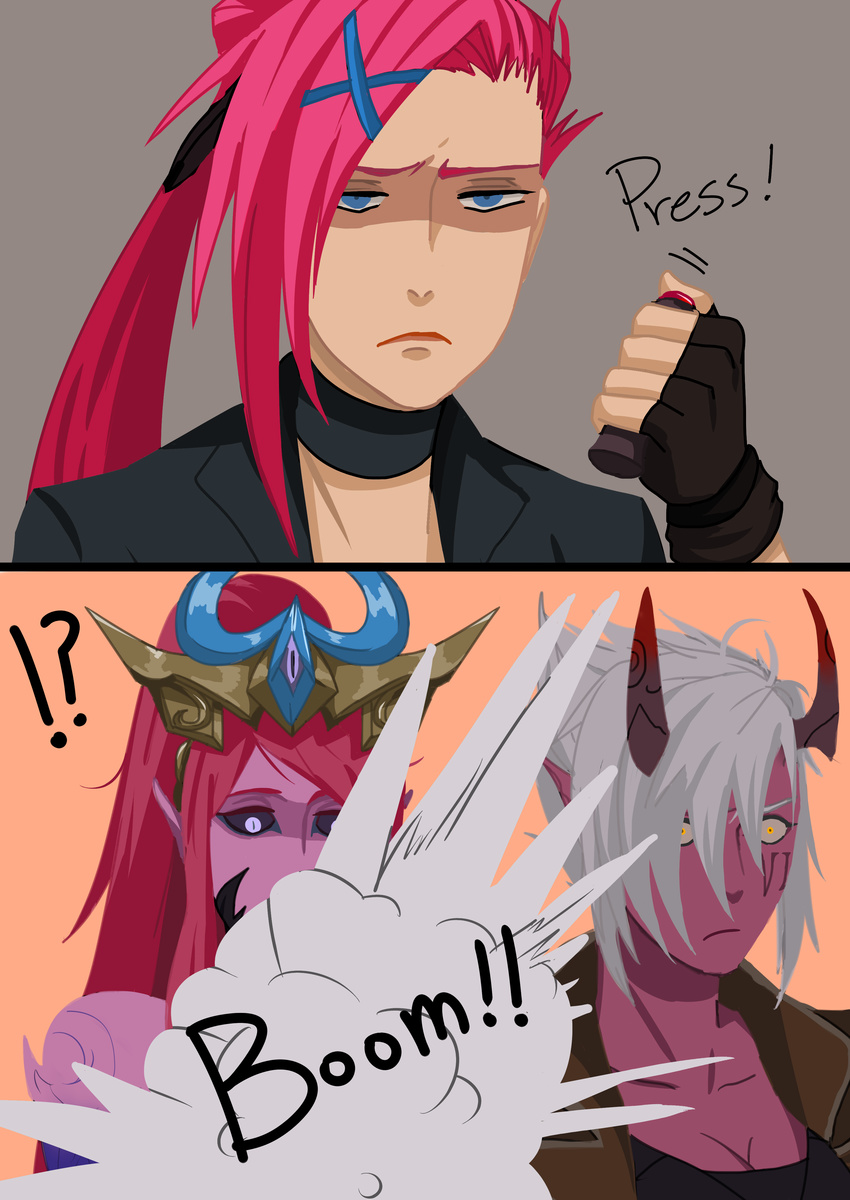 absurdres blush caitlyn_(league_of_legends) commentary_request demon_girl demon_horns demon_tail demon_vi detonator highres horns jinx_(league_of_legends) league_of_legends long_hair lunar_wraith_caitlyn multiple_girls pink_hair rouza_vii short_hair tail vi_(league_of_legends)