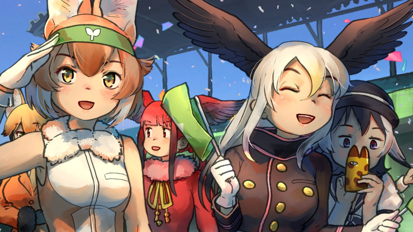 5girls :d ^_^ animal_ear_fluff animal_ears bald_eagle_(kemono_friends) black_hair black_headwear blonde_hair blunt_bangs borrowed_character brown_hair cellphone closed_eyes commentary_request confetti dhole_(kemono_friends) ezo_red_fox_(kemono_friends) flag fox_ears fur_collar gloves gradient_hair hairband happy hat head_wings highres japanese_wagtail_(kemono_friends)_(kitsunetsuki_itsuki) kemono_friends kemono_friends_3 long_hair long_sleeves looking_away multicolored_hair multiple_girls open_mouth original phone phone_with_ears purple_eyes red_eyes red_hair salute scarlet_ibis_(kemono_friends) shirt short_hair sleeveless sleeveless_shirt smile welt_(kinsei_koutenkyoku) white_gloves white_hair wings yellow_eyes