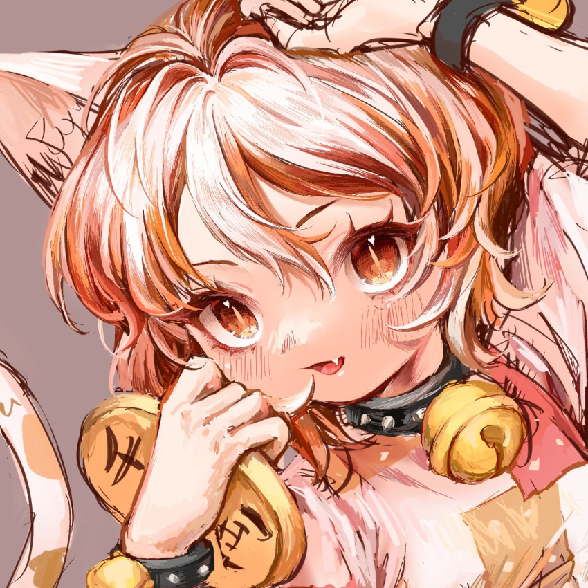 80isiiii animal_ears arm_up bell black_choker blush brown_background brown_eyes brown_hair cat_ears cat_girl cat_tail choker coin commentary_request female goutokuji_mike hair_between_eyes hands_up highres looking_at_viewer multicolored_hair neck_bell oerba_yun_fang open_mouth orange_hair puffy_short_sleeves puffy_sleeves shirt short_sleeves simple_background smile solo t-shirt tail tongue touhou upper_body white_hair white_shirt wristband