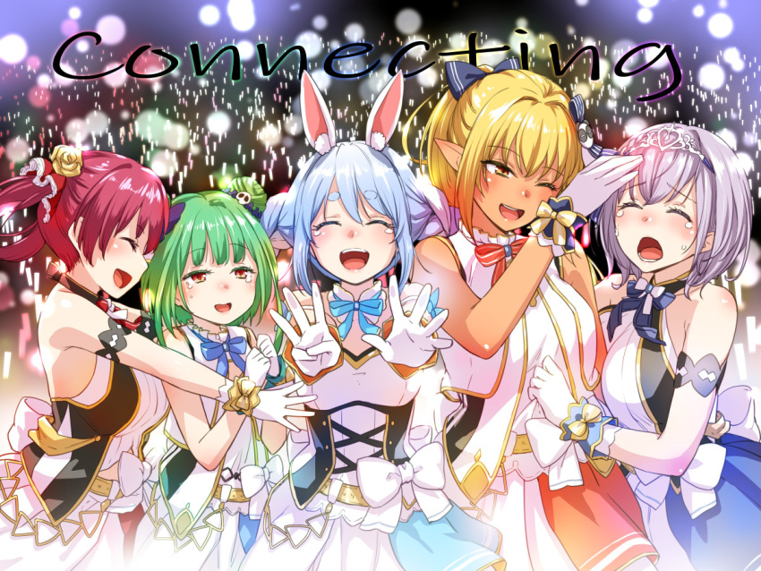 5girls animal_ear_fluff animal_ears arm_between_breasts arm_cuffs belt benimura_karu between_breasts blonde_hair blue_bow blue_bowtie blue_hair blue_neckwear bow bowtie braid breasts closed_eyes collar commentary_request cowboy_shot crying crying_with_eyes_open dark-skinned_female dark_skin detached_collar double_bun dress english_text eyelashes flower frilled_collar frills gloves glowstick green_hair grey_hair hair_bun hair_flower hair_ornament hair_ribbon hairbow headpat hololive hololive_fantasy hololive_idol_uniform houshou_marine hug idol_clothes kintsuba_(shiranui_flare) large_bow large_breasts light_blue_hair long_hair looking_at_viewer medium_breasts medium_hair midriff multicolored_hair multiple_girls official_alternate_costume one_eye_closed open_mouth orange_eyes pointy_ears ponytail rabbit_ears red_bow red_bowtie red_eyes red_hair ribbon shiranui_flare shirogane_noel shirogane_noel_(1st_costume) short_hair skirt skull_hair_ornament sleeveless sleeveless_dress small_breasts smile tears thick_eyebrows tiara twin_braids twintails two-tone_hair uruha_rushia usada_pekora virtual_youtuber white_gloves white_hair white_skirt wrist_cuffs wrist_ribbon