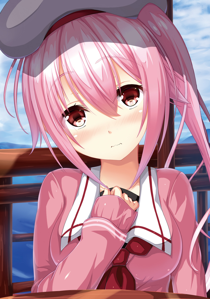 absurdres amaya_kyou beret breasts female hand_on_own_chest harusame_(kancolle) hat highres kantai_collection looking_at_viewer medium_breasts pink_hair pink_sweater red_eyes sailor_collar side_ponytail sidelocks sweater wavy_mouth