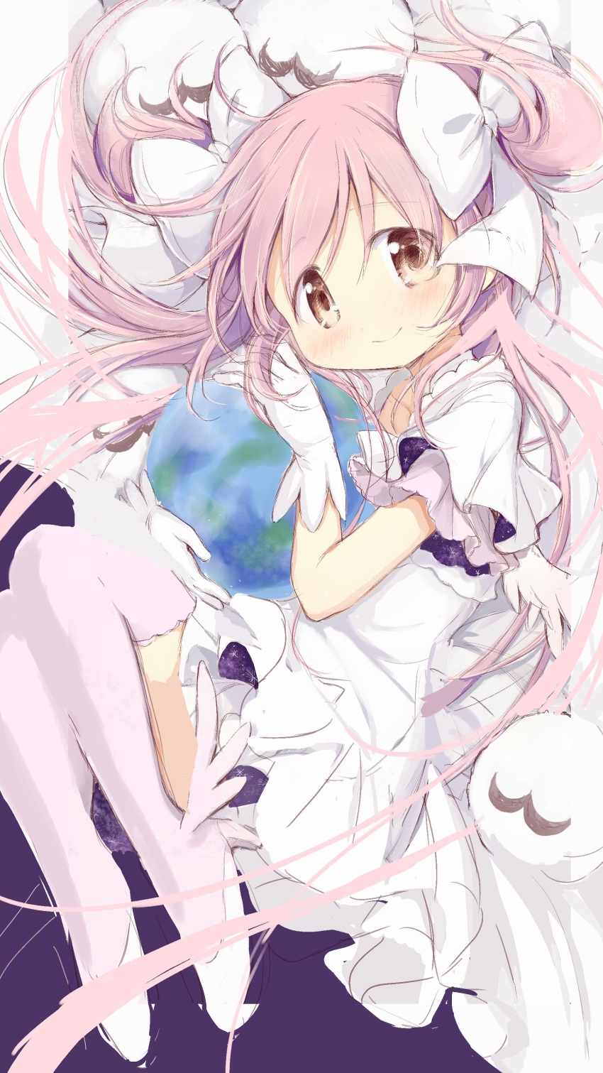 absurdres bad_id bad_twitter_id blush bow breast_cutout cleavage_cutout clothing_cutout clothing_request dress earth_(planet) female frilled_dress frills gesture_request gloves hair_ribbon hairbow highres hitode holding_planet hugging_object kaname_madoka layered_dress layered_shirt layered_sleeves long_hair looking_at_viewer looking_away looking_to_the_side lying mahou_shoujo_madoka_magica mahou_shoujo_madoka_magica_(anime) on_side pink_hair pink_legwear planet pleated_skirt ribbon short_sleeves skirt smile tareme thighhighs two_side_up ultimate_madoka very_long_hair white_bow white_dress white_gloves white_ribbon winged_footwear yellow_eyes