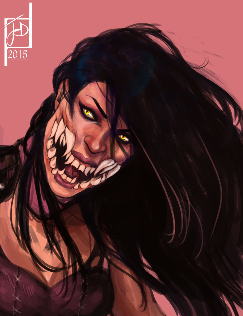 2015 bad_link black_hair brown_background dated eyelashes fangs female head_tilt highres lips long_hair looking_to_the_side mileena_(mortal_kombat) mortal_kombat_(series) nose sharp_teeth signature slit_pupils teeth yellow_eyes