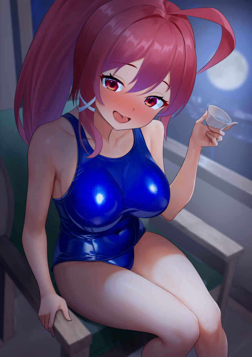 ahoge blue_one-piece_swimsuit blush breasts chair choko_(cup) cleavage cup dorachan_r female hair_ribbon highres holding holding_cup i-168_(kancolle) kantai_collection large_breasts long_hair looking_at_viewer moon night nose_blush off_shoulder one-piece_swimsuit open_mouth ponytail red_eyes red_hair ribbon school_swimsuit sitting solo swimsuit window