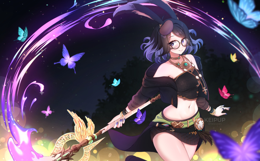 animal_ears bare_shoulders belt black_hair black_jacket black_shirt black_skirt blue_hair blue_nails blurry breasts brown-framed_eyewear bug butterfly choker closed_mouth cowboy_shot crop_top cropped_jacket depth_of_field female final_fantasy final_fantasy_xiv glasses gold_choker gold_trim hat highres holding holding_staff jacket jewelry keipup long_sleeves magic medium_breasts medium_hair midriff mini_hat miniskirt multicolored_hair nail_polish navel necklace off_shoulder open_clothes open_jacket purple_eyes rabbit_ears round_eyewear shirt skirt sleeveless sleeveless_shirt smile solo staff standing stomach thighs two-tone_hair viera warrior_of_light_(ff14) wristband