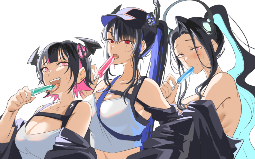 3girls aqua_hair aradia_ravencroft asymmetrical_horns black_hair blue_hair blush breasts colored_inner_hair demon_horns english_commentary food food_in_mouth holding holding_food holding_popsicle hololive hololive_english horns large_breasts long_hair looking_at_viewer malpha_ravencroft melting mole mole_under_eye multicolored_hair multiple_girls nerissa_ravencroft open_mouth phallic_symbol pink_eyes popsicle popsicle_in_mouth red_eyes set7 sexually_suggestive siblings sisters swimsuit two-tone_hair virtual_youtuber wavy_hair