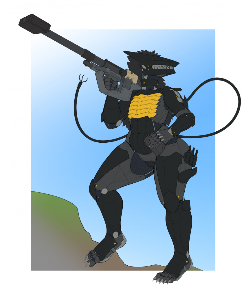 ambiguous_gender anthro anthrofied blade_wolf feet gun hi_res holding_object holding_weapon humanoid_feet humanoid_hands konami machine metal_gear ndragon3 outside plantigrade ranged_weapon red_eyes rifle robot sniper_rifle solo standing tagme tail teeth thick_thighs weapon