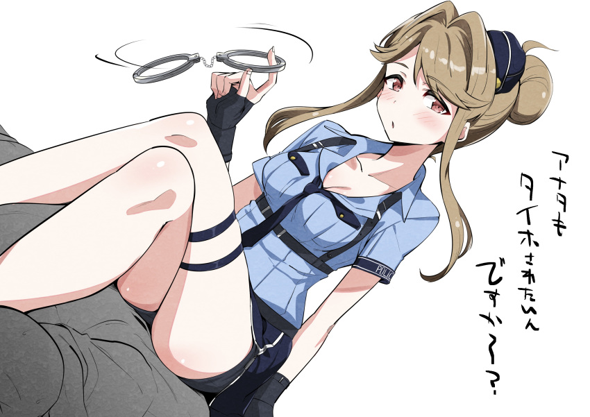 1boy absurdres alternate_costume asymmetrical_bangs belt black_belt black_gloves black_shorts blue_hat blue_necktie blue_shirt blue_skirt blush breast_pocket breasts brown_hair chest_harness cleavage collarbone collared_shirt concept_police_(idolmaster) cowgirl_position crossed_legs cuffs dot_nose female fingerless_gloves from_below garrison_cap gloves hair_bun handcuffs harness hat highres holding holding_handcuffs idolmaster idolmaster_million_live! idolmaster_million_live!_theater_days lone_nape_hair long_hair looking_at_viewer medium_breasts mini_hat necktie parted_lips pocket police police_uniform policewoman red_eyes shirt short_shorts short_sleeves shorts side_slit sidelocks single_hair_bun sitting skirt solo_focus swept_bangs takahiro_(crimson_bolt) tenkubashi_tomoka thigh_strap tilted_headwear translation_request uniform zipper_pull_tab zipper_skirt