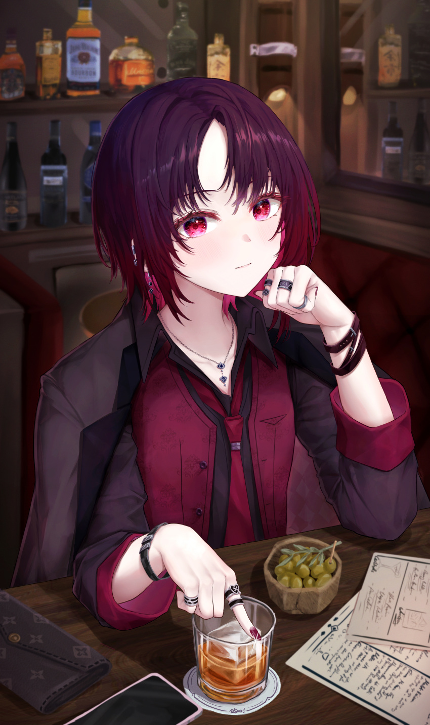 absurdres alcohol bag bar_(place) black_hair black_jacket black_shirt cellphone collared_shirt cup dress_shirt drinking_glass ear_piercing earclip earrings female food fruit glass gradient_hair grapes handbag highres ice ice_cube index_finger_raised jack_daniel's jacket jacket_on_shoulders jewelry kisaragi_ren_(vtuber) kuchigau liquor long_sleeves looking_at_viewer multicolored_hair necklace necktie papers parted_bangs phone piercing purple_hair purple_nails purple_necktie purple_vest red_eyes red_hair ring shirt short_hair sitting smartphone solo table vest virtual_youtuber vspo! whiskey wing_collar wristband